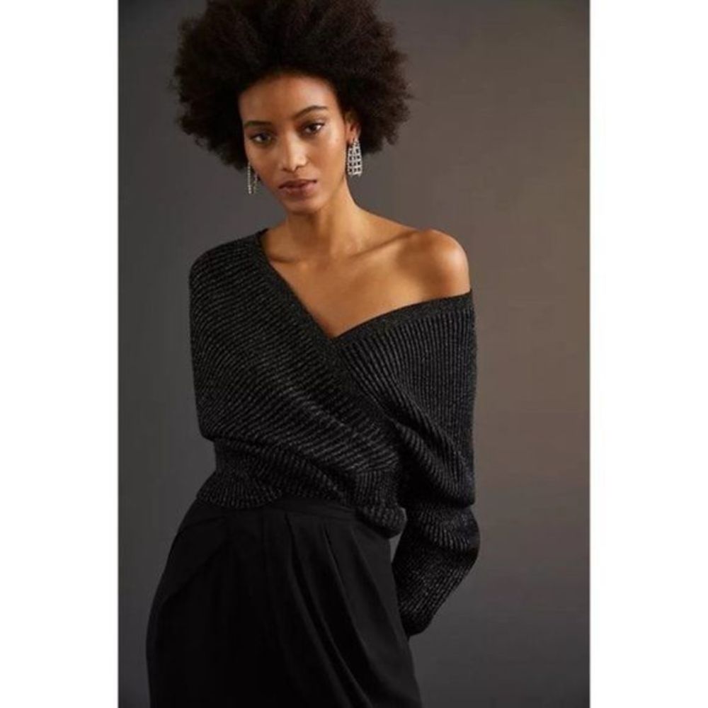 Anthropologie Black Shimmer Surplice Pullover Sweater V-Neck M